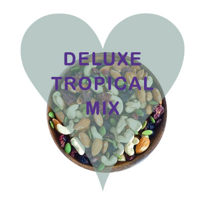 Scoops Delux Tropical Mix (jumbo raisins, chopped dates, apple, cranberries, pineapple, papaya, banana, coconut, almonds, hazelnuts, cashews, sunflower seeds.